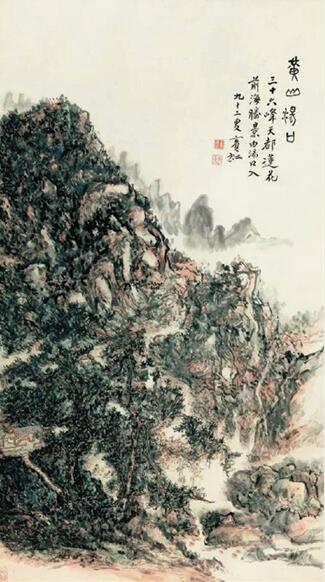 黄宾虹《黄山汤口》，立轴 设色纸本，171×96cm， 1955年作